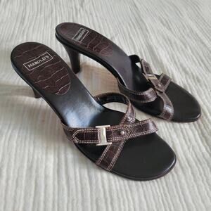 Harolds Womens 7 Freemon Dark Brown Open Toe Heel Sandals Strap Buckle Leather